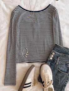 Sparklyn 少女休闲百搭条纹圆领开衫长袖T恤，秋冬 - 彩色 - 查看 2