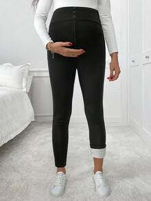 SHEIN Maternity Solid Color Adjustable Waist Thermal Lined Leggings Winter Clothes Chic