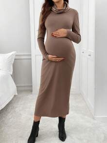 SHEIN Maternity Casual Commuter Solid Color Draped Neck Fitted Dress - Brown - View 6