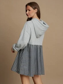 WESTFADE Ländlicher Western Mix Media French Terry & Strass Karomuster Kapuzenkleid Mini Kleid Schulanfang Süß Herbst - Verschiedenfarbig - Übersicht 2