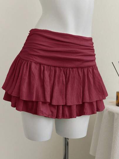 Elamini Beige Pleated High Waist Low Waist Double Layer Chiffon Skirt, Vacation Style Mini Skirt