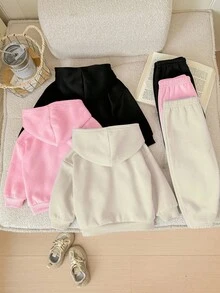 SHEIN Playful Pals 6 件套女婴休闲时尚创意简约连帽衫和运动裤套装，适合秋季，粉色/黑色/杏色