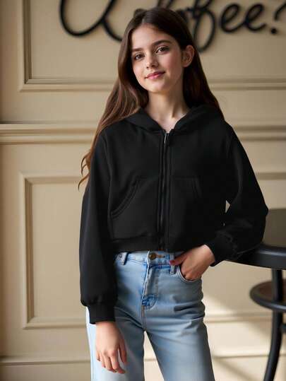 SHEIN Sudadera con capucha básica casual negra con cremallera y bolsillo para adolescentes, estilo europeo y americano