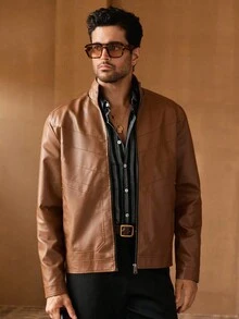 HIMLAND Men's Vintage Stand Collar Leather Jacket, Suitable For Autumn, For Fall Winter