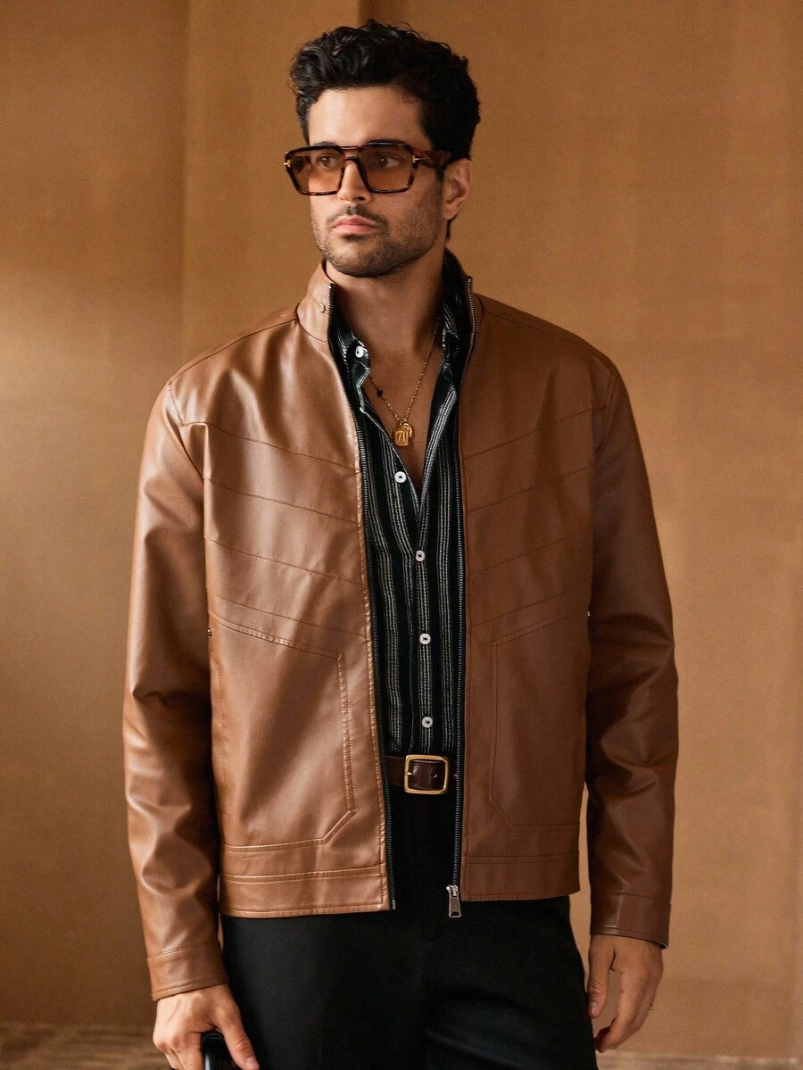 HIMLAND Men's Vintage Stand Collar Leather Jacket, Suitable For Autumn, For Fall Winter