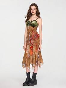 ROMWE Hippie Vintage Textured Color Block Ruched Velvet Dress For Women - Multicolor - View 5