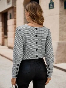 EMERY ROSE Women's Autumn Plaid Puff Sleeve Elegant Shirt With Single-Row Buttons At Back - Black and White - View 1
