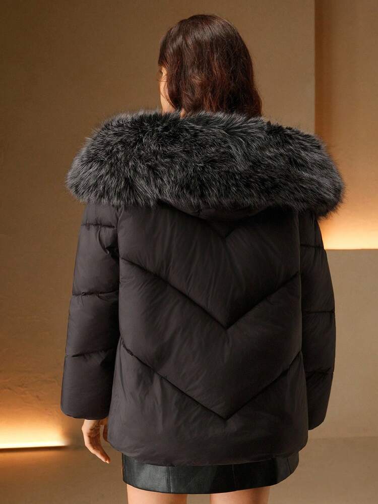 Luxury Hooded Thick Coat With Faux Fur Collar And Pockets, Loose Fit, Suitable For Autumn, Fall, Winter, Going Out, Elegant, Formal, Party, Chic, New Year, Women's Winter Coat, Christmas, Work, Graduation, Wedding
