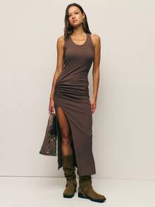 Nöista's Ribbed Brown Sleeveless Midi Dress Features A Flattering Side Slit And Bodycon Fit, Making It A Chic Choice For Fall Dresses For Women, Winter Clothes Women, And Versatile Autumn Outfits That Can Be Dressed Up Or Layered For Colder Days. - Coffee Brown - View 2