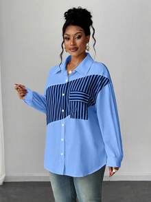 Maweii 大码女式春秋季长袖撞色条纹休闲衬衫，性感百搭，适合工作和日常穿着，蓝色 - 彩色 - 查看 4