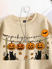 女士万圣节南瓜、可爱鬼魂、不给糖就捣蛋、怪异小动物、恐怖季节、秋季休闲简约圆领宽松基本款套头衫 - 卡其色 - 查看 6