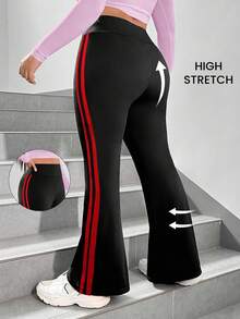 SHEIN EZwear Pantalon évasé en tricot noir avec patchwork et ruban rouge pour femmes grandes tailles - Multicolore - Voir 1