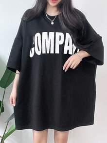 DAZY Áo thun in chữ cỡ lớn thường ngày cho nữ, mùa hè - màu đen - Xem 2