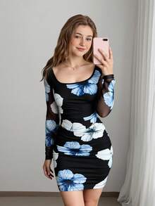 SHEIN Teen Girl Vacation 2-Piece Set: Floral Print Square Neck Ruched Top With Asymmetric Hem And Ruched Mini Skirt - Black - View 2