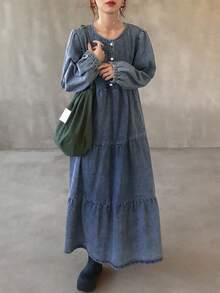 FRIFUL 女式宽松休闲牛仔长袖连衣裙 - 藍色 - 查看 3