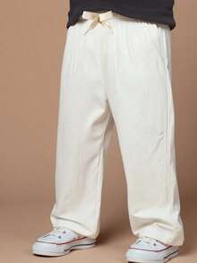 Souflis Souflis Young Boy Skin-Friendly Linen Fabric Faux Drawstring Decor Straight Leg Casual Pants, Suitable For Outdoor & Everyday Wear, Summer,Holiday,Summer,Travel Summer Holiday