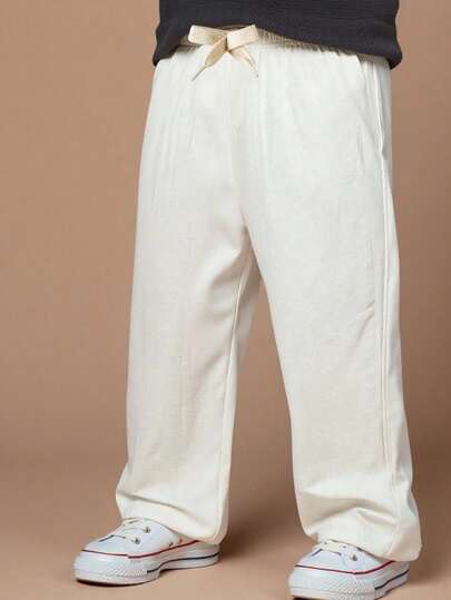 Souflis Souflis Young Boy Skin-Friendly Linen Fabric Faux Drawstring Decor Straight Leg Casual Pants, Suitable For Outdoor & Everyday Wear, Summer,Holiday,Summer,Travel Summer Holiday