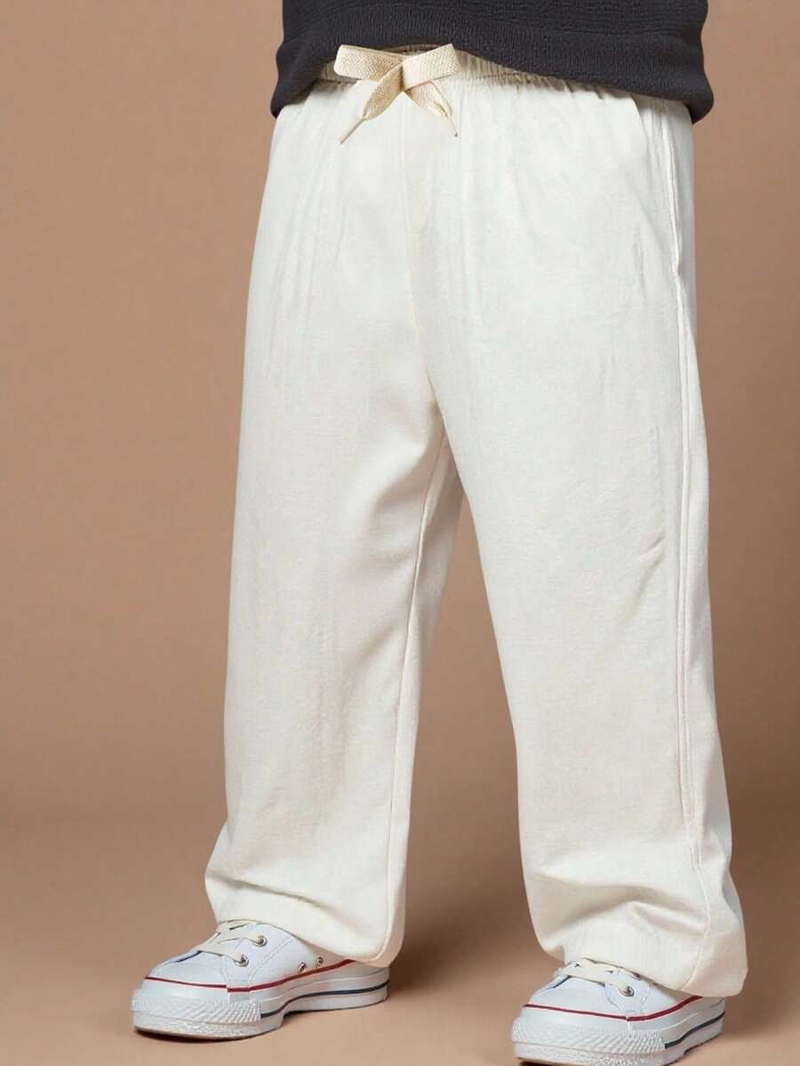 Souflis Souflis Young Boy Skin-Friendly Linen Fabric Faux Drawstring Decor Straight Leg Casual Pants, Suitable For Outdoor & Everyday Wear, Summer,Holiday,Summer,Travel Summer Holiday