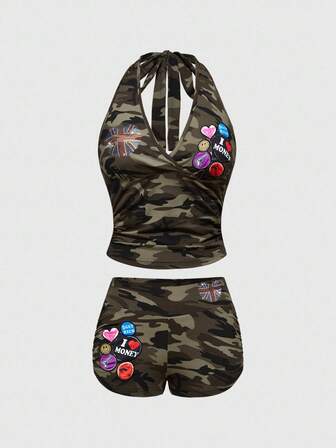 ROMWE Avant 2 Stücke Damen Crop Top mit Strass-Verzierung im Millennium Retro Camouflage-Muster, englischer Flaggen-Patch & kurze Hose mit niedriger Taille Set