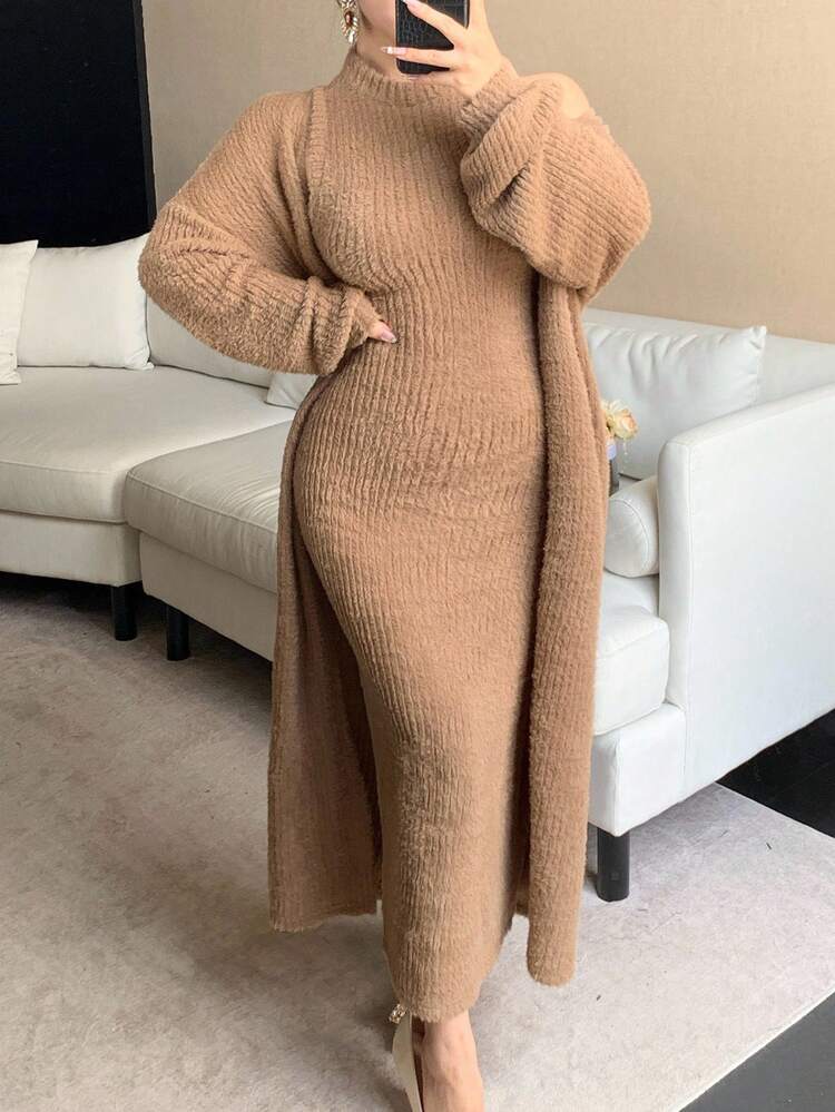 2pcs/Set Women's Elegant Brown Sweater Set, Autumn/Winter