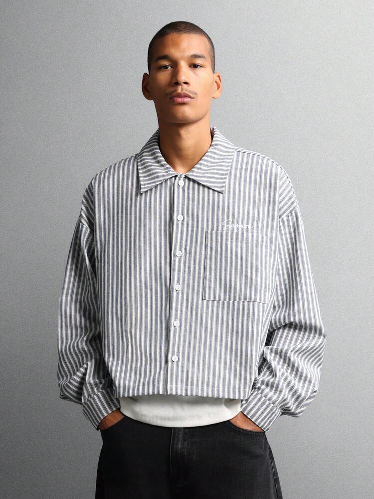 Vertical Striped Cotton Button Down Shirt With Pocket