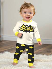 BATMAN X SHEIN Baby Boy Letter Bat Logo Print Ringer Long Sleeve Top And Pants Pajama Set, Spring/Autumn - Multicolor - View 1