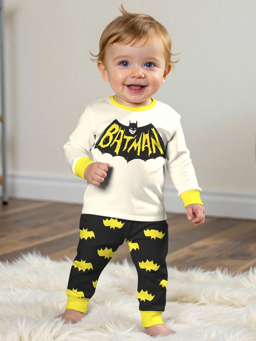 BATMAN X SHEIN Baby Boy Letter Bat Logo Print Ringer Long Sleeve Top And Pants Pajama Set, Spring/Autumn - Multicolor - View 1