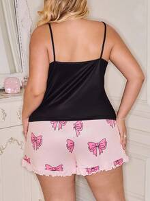 SweetSlumber طقم كامسول مزين بفيونكة وبيجامة مافية، ملابس نوم حلوة للمقاسات الكبيرة