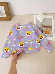 BABY SHARK X SHEIN Baby Girl Casual Everyday Commute Cute Cartoon Shark Print Pullover Sweatshirt, Suitable For Spring & Autumn Toddler Sweatshirt Girl Baby Girl Long Sleeve Top Baby Girls Sweatshirts - White - View 7