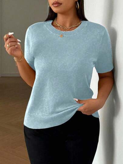 Vionelle Plusstorlek Damstickad Kortärmad Rund Halsringad Tröja med Loose Fit