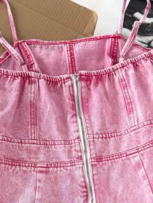 Comfortcana 女式纯色交叉包裹不对称下摆细肩带牛仔连体裤 - 粉色 - 查看 6