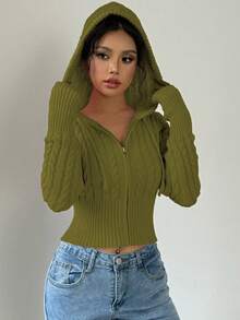 Flirla 女式秋季麻花图案长袖拉链抽绳连帽开衫 - 綠色 - 查看 3