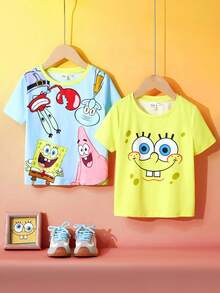 SpongeBob SquarePants | SHEIN 2 szt./zestaw dziecięcych koszulek z krótkim rękawem i okrągłym dekoltem w kreskówkowy wzór, swobodny krój, dzianina - Żółty - Zobacz 1