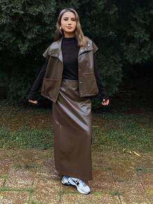 DAZY Women's Casual Street Style Solid Color Loose Lapel Sleeveless Drawstring Pocket PU Vest And Straight Skirt Two Pieces Set, Autumn/Winter