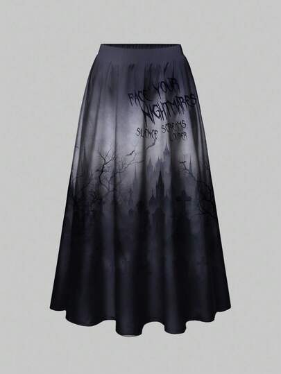 Goth تنورة فضفاضة مطبوعة بطبعات هالوين قاتمة وجذابة للمقاسات الكبيرة