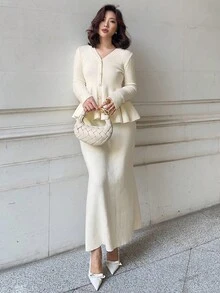 DAZY Women's Solid Color V-Neck Ruffle Trim Cardigan & Skirt 2 Pieces Knit Set, Autumn Fall - Beige - View 11