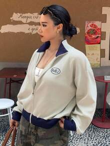 Dazy Plus Chaqueta de punto con cremallera y bloqueo de color con patrón bordado, informal y de talla grande para mujer, otoño/invierno - Albaricoque - Ver 9