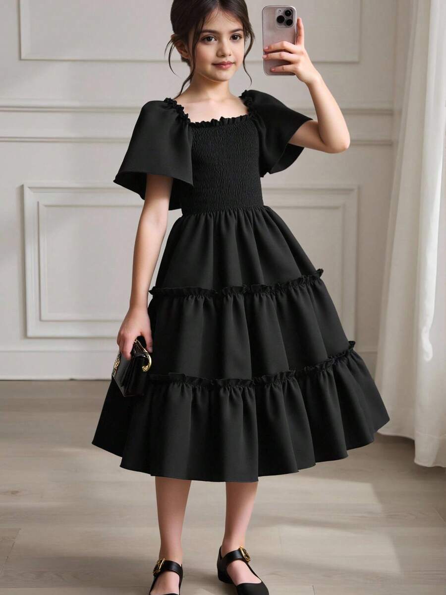 SHEIN Tween Girl Solid Color Drop Waist Short Sleeve Dress - Black - View 1