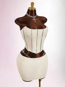 Amplova Conjunto de 2 piezas de top bandeau y minifalda decorados con rhinestones para tallas grandes