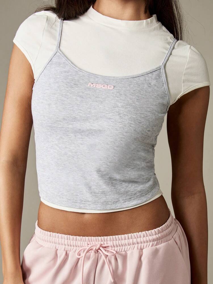 MISSGUIDED Débardeur côtelé avec encolure ras-du-cou, top à double couche à manches courtes pour femmes, idéal pour les saisons printemps-été et les tenues décontractées