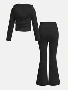 Sparklyn 2pcs/Set Young Girls Street Style Sporty Fashion Basic Hoodie Sweatshirt And Flared Pants Black Tracksuit, Long Sleeve Hooded Top And Flared Leg Pants Fall Winter - Black - View 2