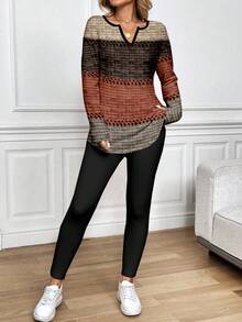 SHEIN LUNE 2 件套女士秋冬长袖 T 恤和紧身裤，深棕色和橙色仿机械条纹定位印花图案，适合休闲家居风格 - 彩色 - 查看 4