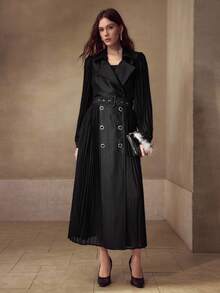 MOTF 双排扣褶裥风衣 - 黑色 - 查看 5