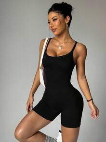 Slayform Combinaison de sport d'été pour femmes, couleur unie, avec croisillons et découpes ajourées - Noir - Voir 6