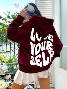 SHEIN Unity Love Yourself Distorted English Graphic Oversized Drop Shoulder Long Hoodie Sweatshirt - Burgundy - View 2