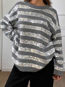 DAZY Áo len dệt kim dáng rộng cổ tròn họa tiết sọc tương phản dành cho nữ mùa thu/đông - Xám - Xem 2