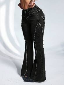 Jeanoix Quần jeans ống loe cạp trễ thời trang cỡ lớn, viền tua rua giặt sạch, viền tua rua - Màu xanh lam - Xem 3