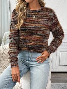 SHEIN LUNE Women's Casual Faux Fur Crew Neck Long Sleeve T-Shirt Women's Country Going Out Fall For Women Autumn Winter Fall Top Halloween Costumes Chic Long Sleeve Party Top,Casual - Multicolor - View 4