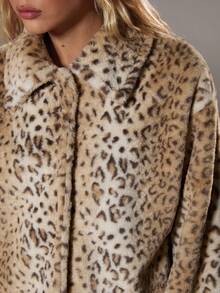 TRNVIE 1pc Brown Fuzzy Leopard Print Lapel Collar Relaxed Fit Lined Jacket, Suitable For Office, Commuting, Casual Wear In Autumn/Winter