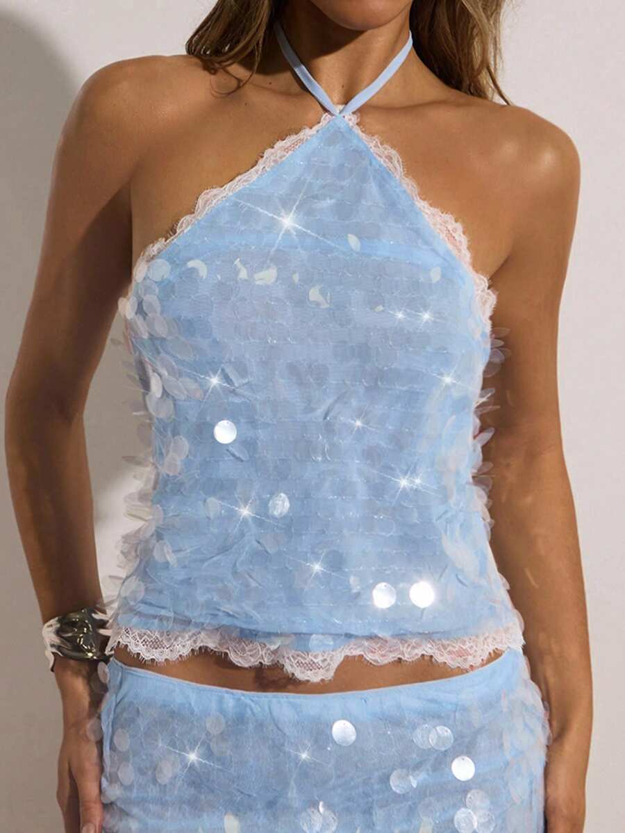 Opulessa 女式纯色亮片撞色蕾丝露背上衣 - 藍色 - 查看 1